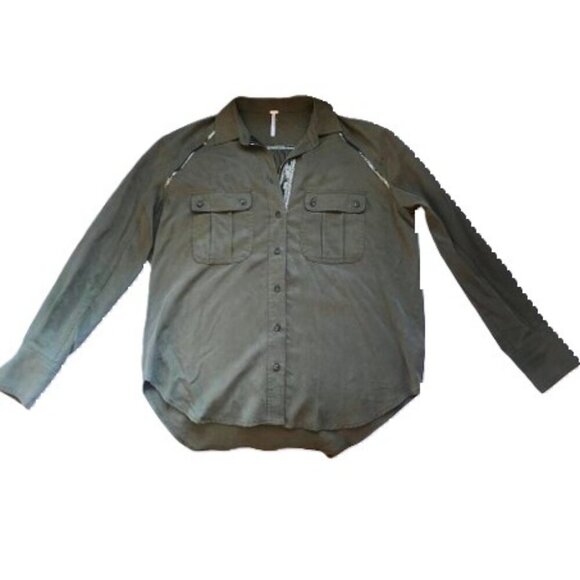 Free People Off Campus Shirt Moss Olive Metallic, utility boho army button down - Picture 13 of 16